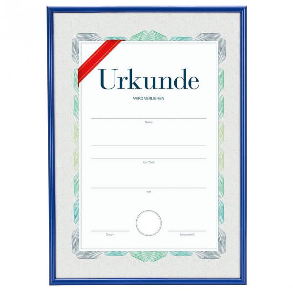 Kunststoff Bilderrahmen mit Urkunde, DIN A4 21x29,7 cm (A4) | Blau | Normalglas (2 mm)