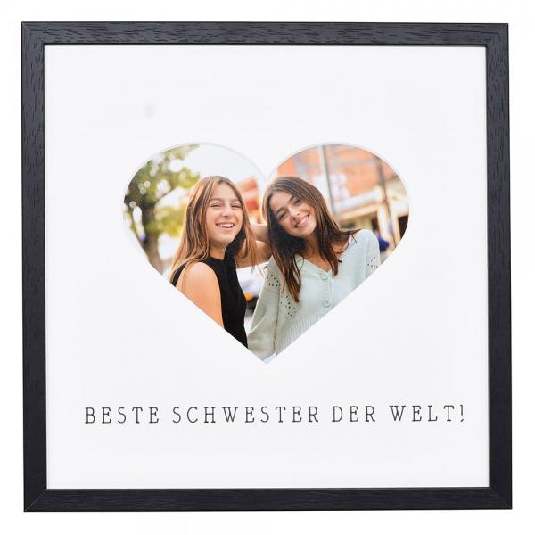 Bilderrahmen mit Herz-Passepartout & Text "Beste Schwester der Welt!" 30x30 cm | schwarz | Normalglas (2 mm)